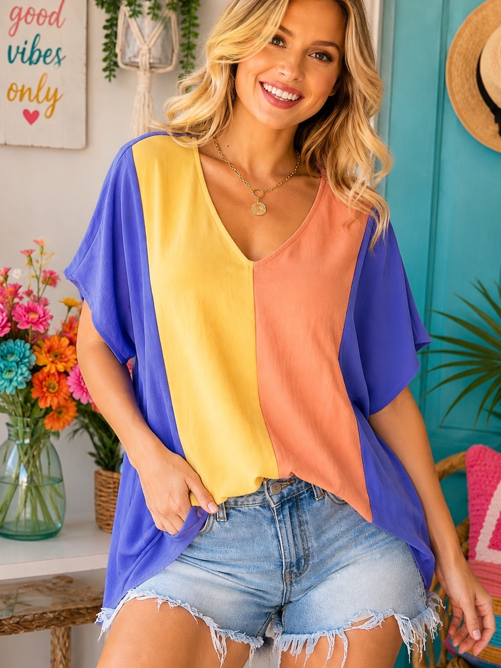 First Love Colorblock V-Neck Dolman Top Periwinkle Peach Yellow